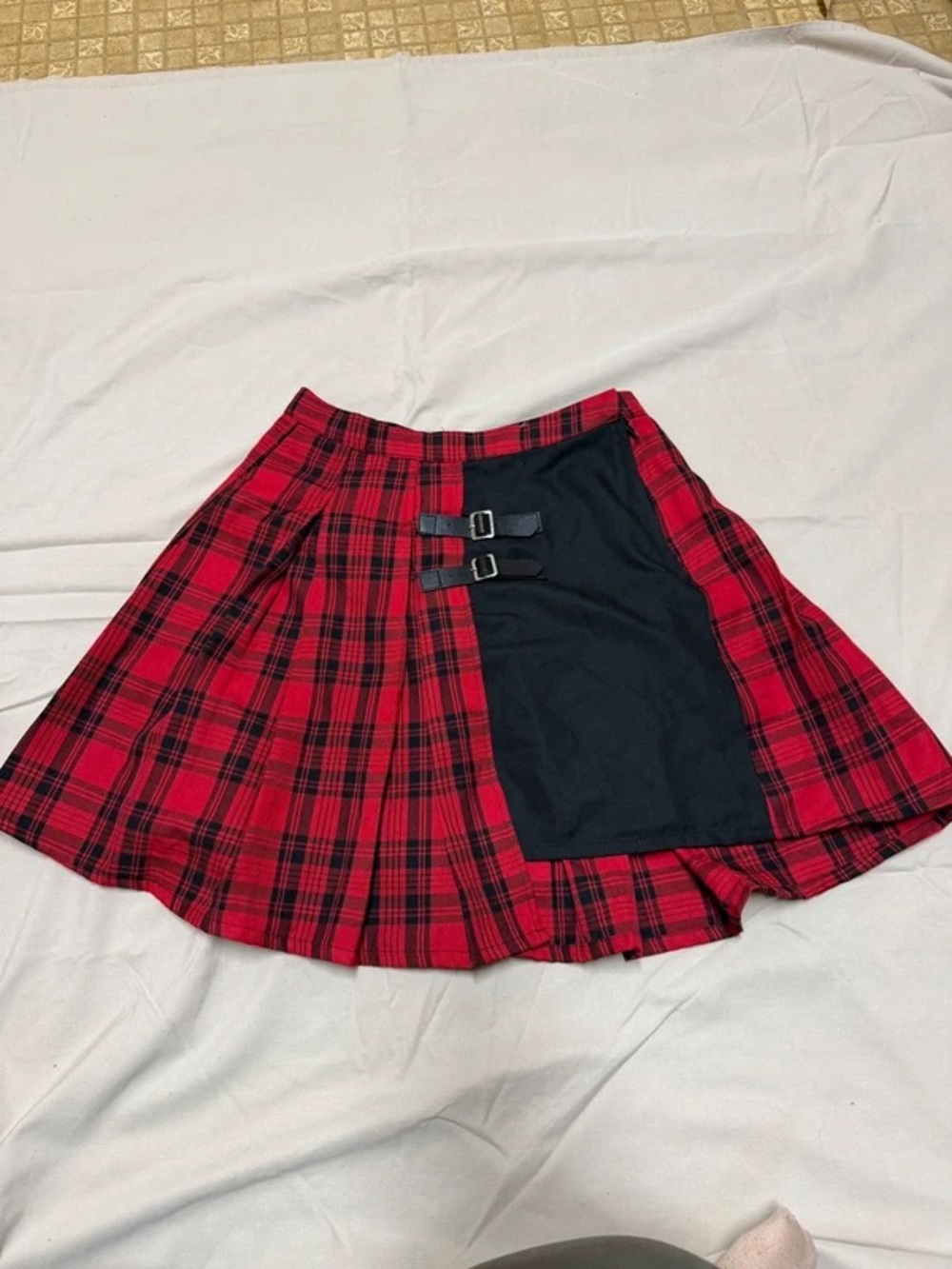 Red Plaid A-Line Skirt with Black Panel and Buckle Detail